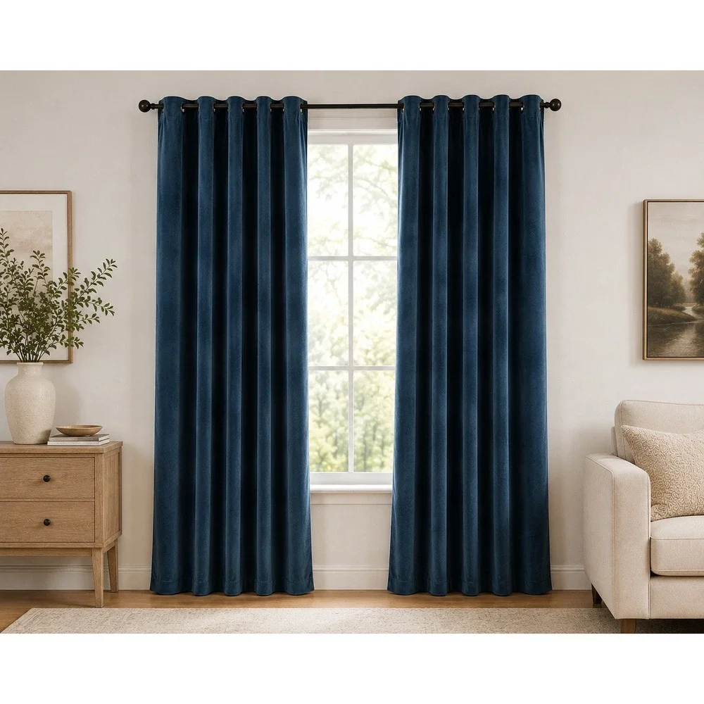 Half Moon Blue Velvet Grommet Curtain Panels Set of 2 Room Darkening 38